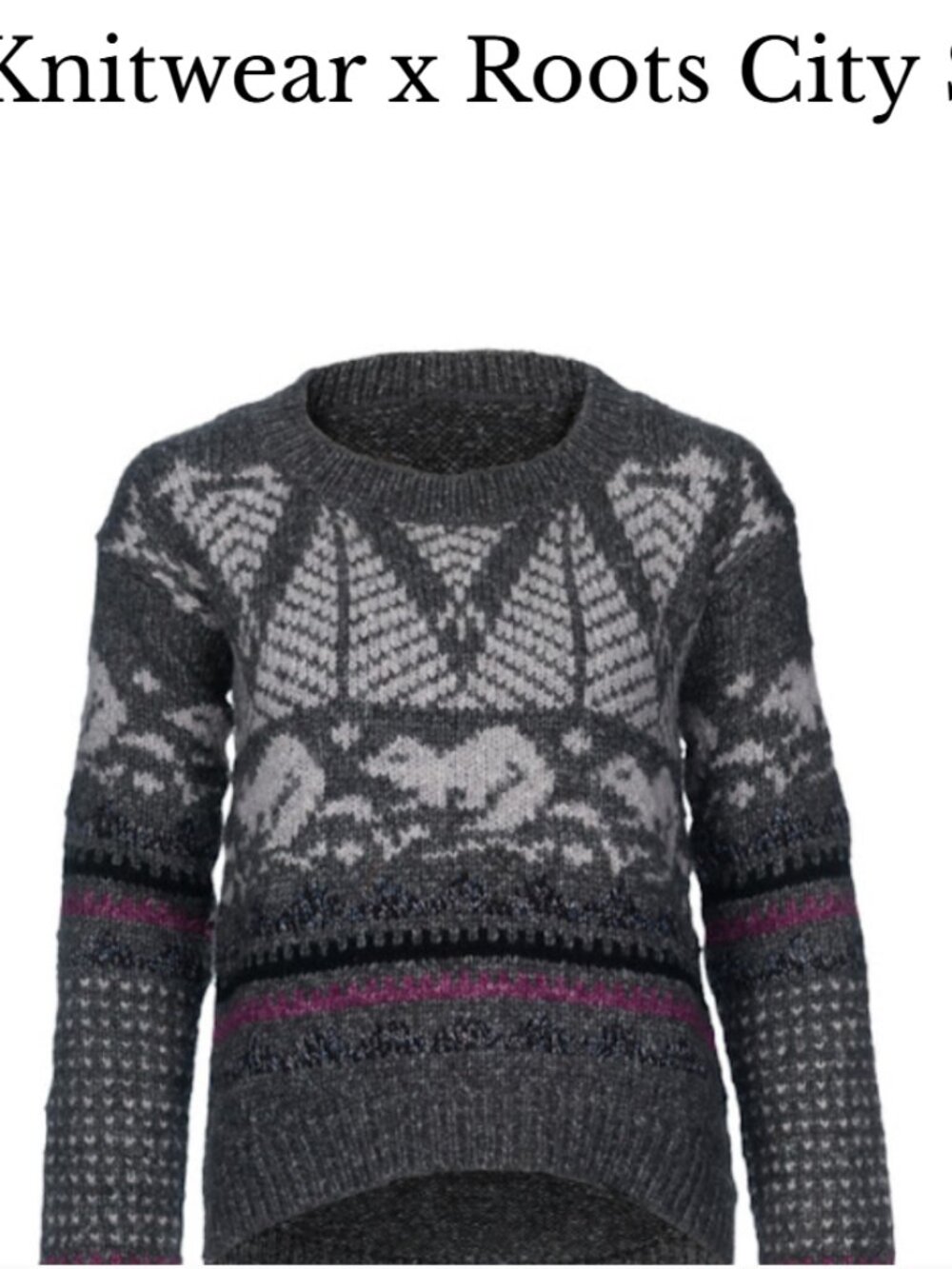 Roots x LINE Knitwear Fair Isle Nordic Sweater Gray Pink Size M